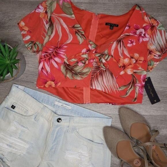 City Triangle Womens Floral Crop Top With Tropical Print Size 13 Coral Short Sle - Picture 7 of 7